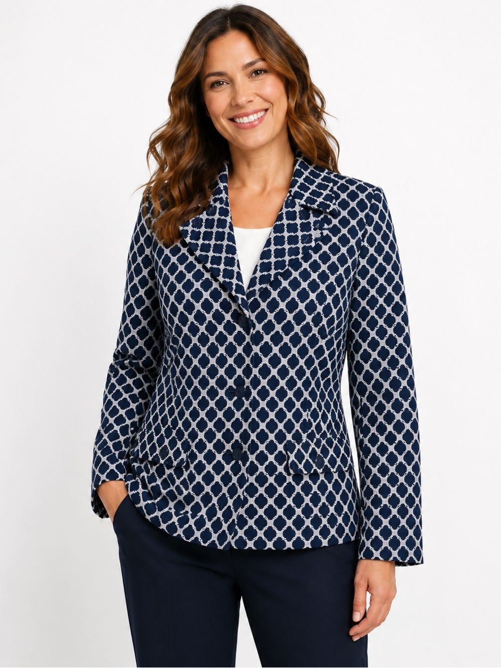NEW Talbots Blazer Jacket Women 24W Navy White Textured Mod Geo 100% Cotton